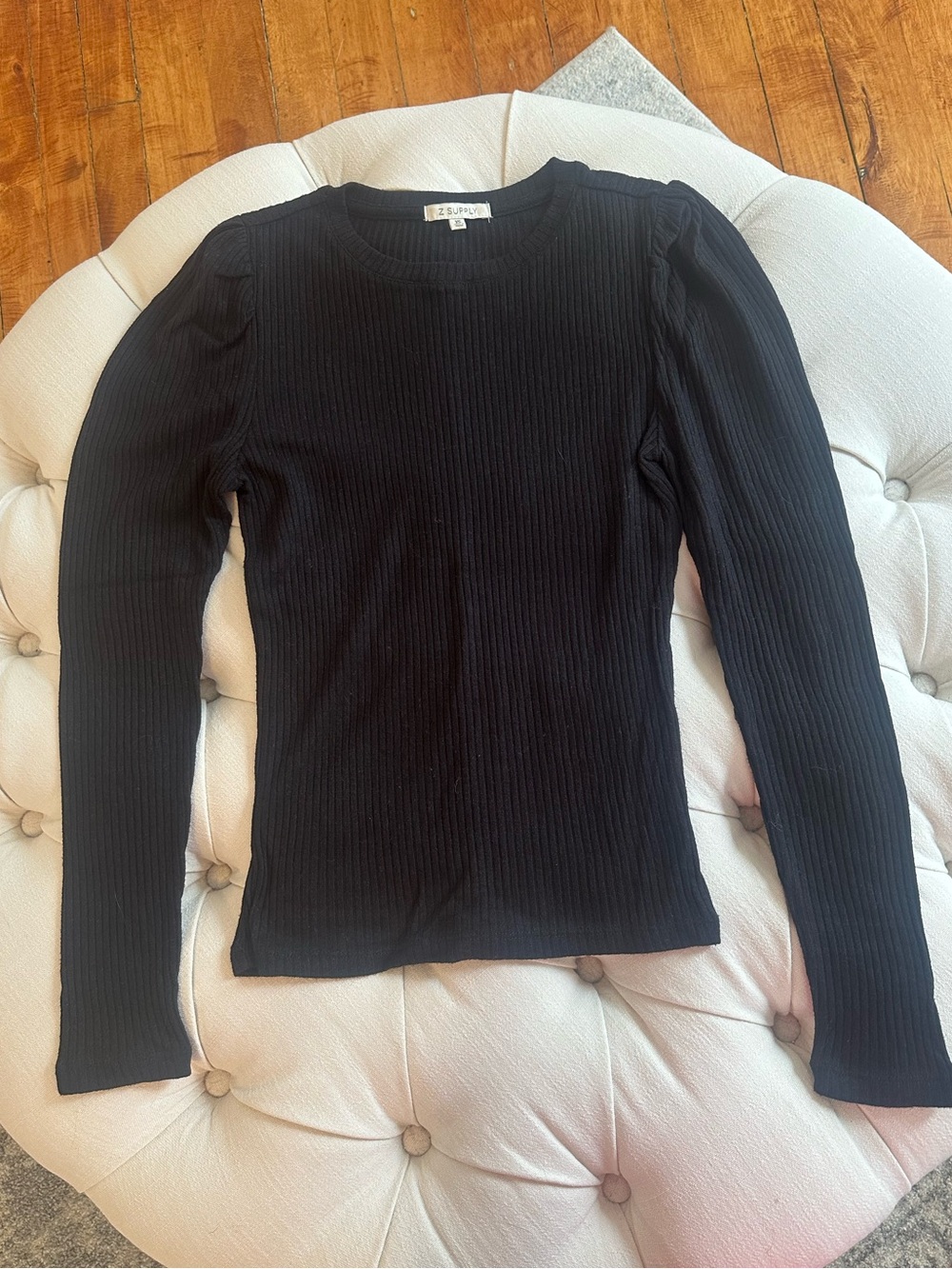 Z Supply Black Ribbed Puff-Shoulder Long Sleeve Tee